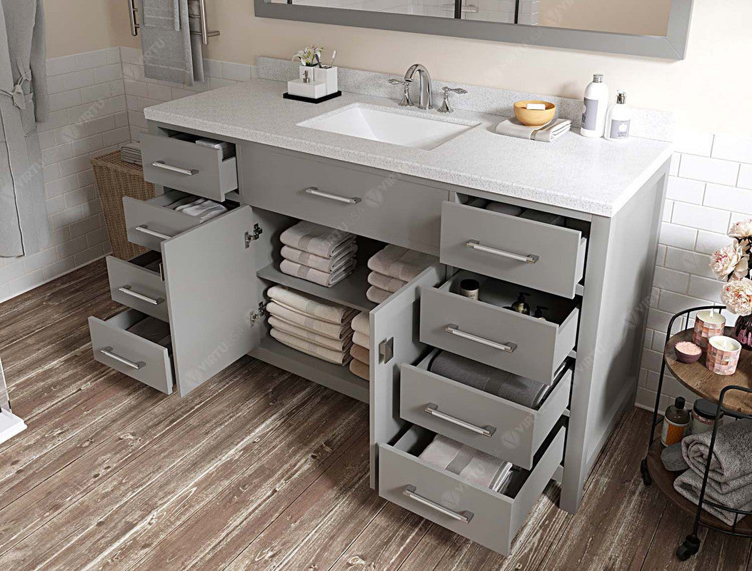 VHG MS-2060-DWQSQ-GR-NM Caroline 60" Single Bath Vanity in Gray with White Quartz Top and Square Sink