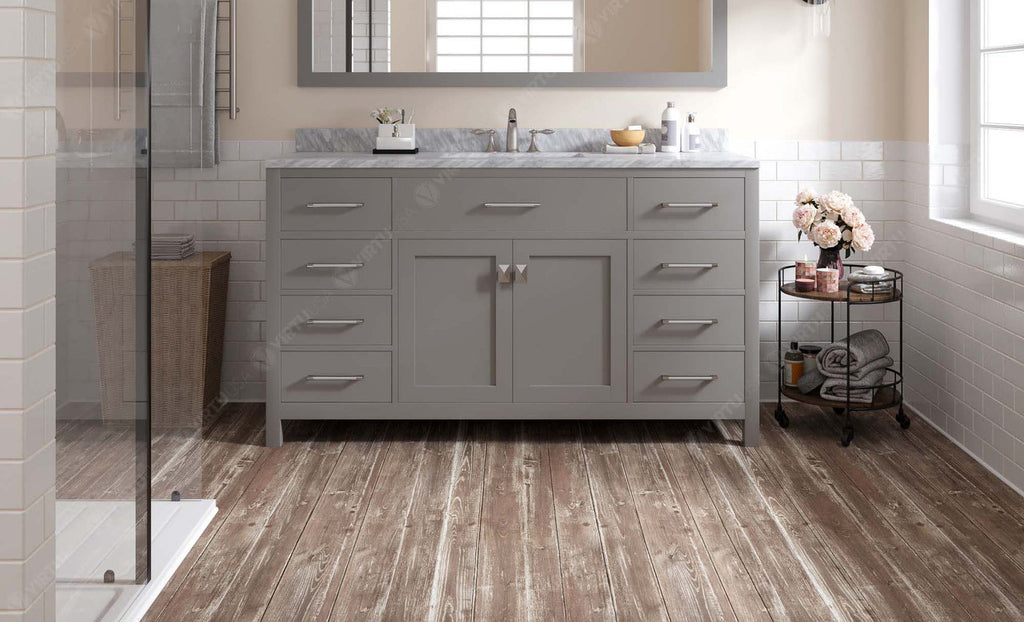 VHG MS-2060-WMSQ-GR-NM Caroline 60" Single Bath Vanity in Gray with White Marble Top and Square Sink