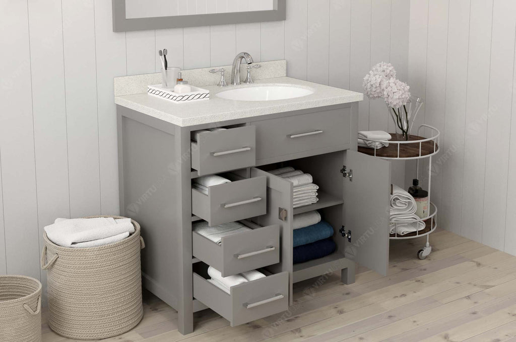 VHG MS-2136L-DWQRO-GR-NM Caroline Parkway 36" Single Bath Vanity in Gray with White Quartz Top and Round Sink