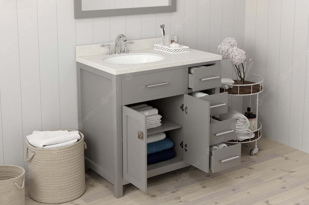 VHG MS-2136R-DWQRO-GR-NM Caroline Parkway 36" Single Bath Vanity in Gray with White Quartz Top and Round Sink
