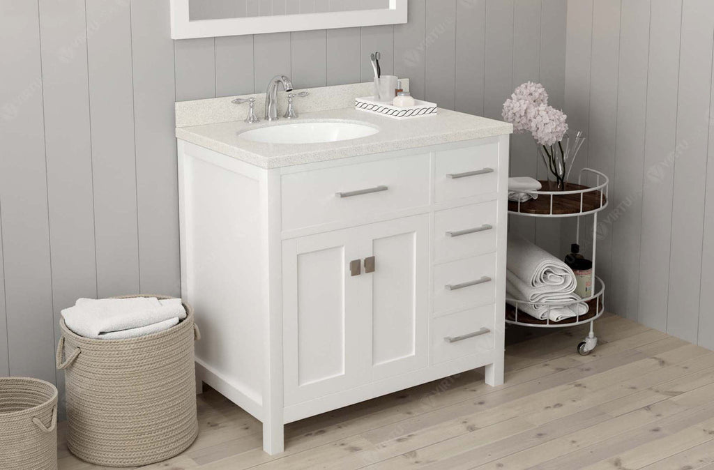 VHG MS-2136R-DWQRO-WH-NM Caroline Parkway 36" Single Bath Vanity in White with White Quartz Top and Round Sink