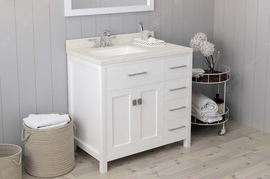 VHG MS-2136R-DWQSQ-WH-NM Caroline Parkway 36" Single Bath Vanity in White with White Quartz Top and Square Sink