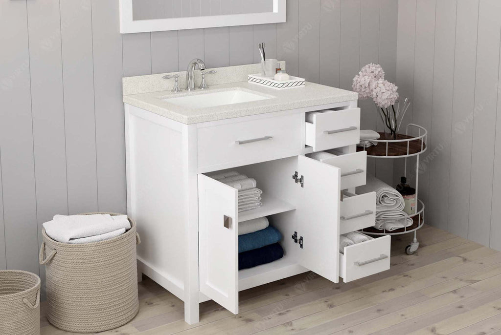 VHG MS-2136R-DWQSQ-WH-NM Caroline Parkway 36" Single Bath Vanity in White with White Quartz Top and Square Sink