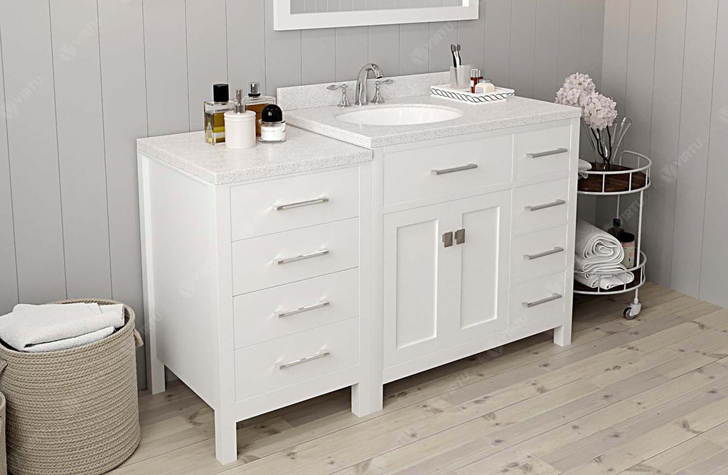VHG MS-2157R-DWQRO-WH-NM Caroline Parkway 57" Single Bath Vanity in White with White Quartz Top and Round Sink