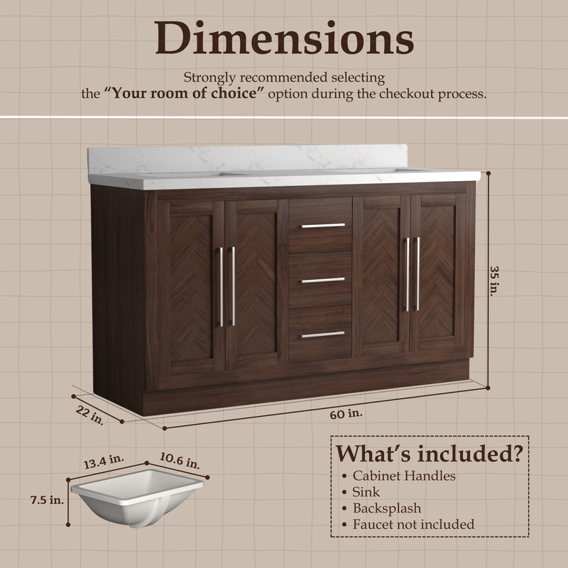VHG WD-60060-SVSQ-DB-NM Vivian 60 in. Double Bath Vanity in Dark Oak with Statuario Venato Marble Quartz Top and Square Sinks