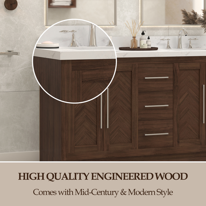 VHG WD-60060-SVSQ-DB-NM Vivian 60 in. Double Bath Vanity in Dark Oak with Statuario Venato Marble Quartz Top and Square Sinks