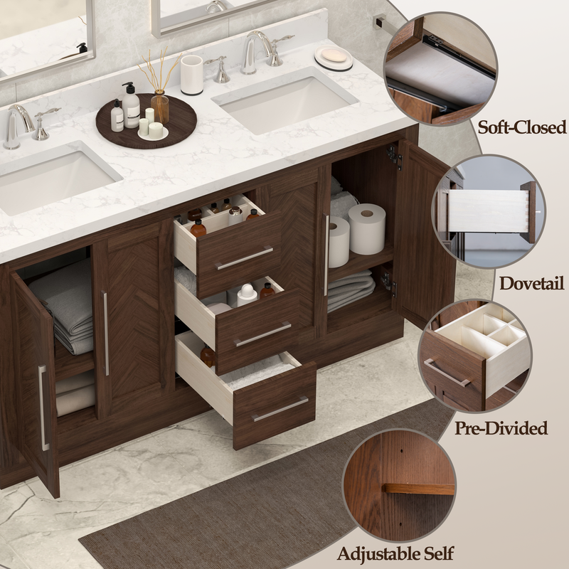 VHG WD-60060-SVSQ-DB-NM Vivian 60 in. Double Bath Vanity in Dark Oak with Statuario Venato Marble Quartz Top and Square Sinks