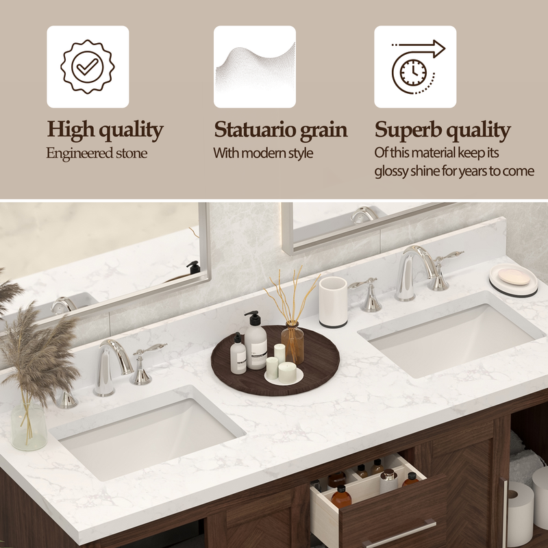 VHG WD-60060-SVSQ-DB-NM Vivian 60 in. Double Bath Vanity in Dark Oak with Statuario Venato Marble Quartz Top and Square Sinks