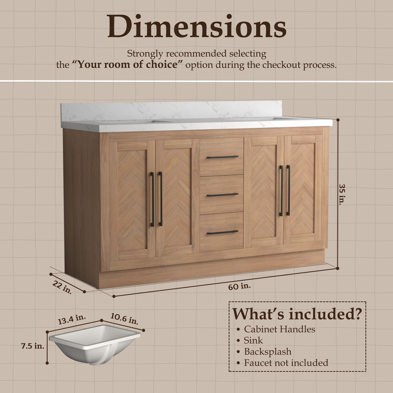 VHG WD-60060-SVSQ-LB-NM Vivian 60 in. Double Bath Vanity in Light Oak with Statuario Venato Marble Quartz Top and Square Sinks