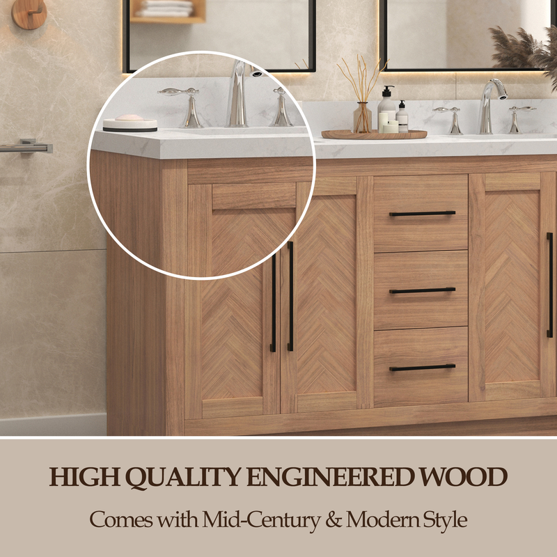 VHG WD-60060-SVSQ-LB-NM Vivian 60 in. Double Bath Vanity in Light Oak with Statuario Venato Marble Quartz Top and Square Sinks