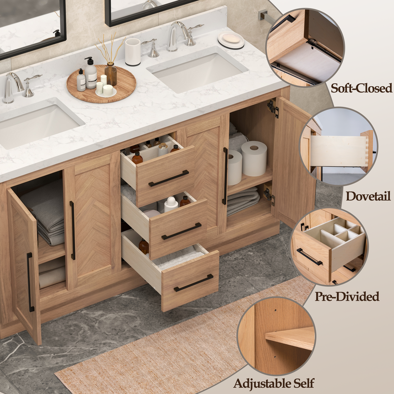VHG WD-60060-SVSQ-LB-NM Vivian 60 in. Double Bath Vanity in Light Oak with Statuario Venato Marble Quartz Top and Square Sinks