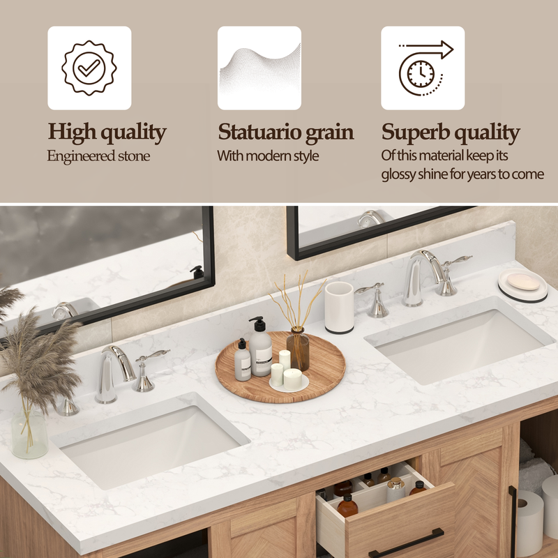 VHG WD-60060-SVSQ-LB-NM Vivian 60 in. Double Bath Vanity in Light Oak with Statuario Venato Marble Quartz Top and Square Sinks