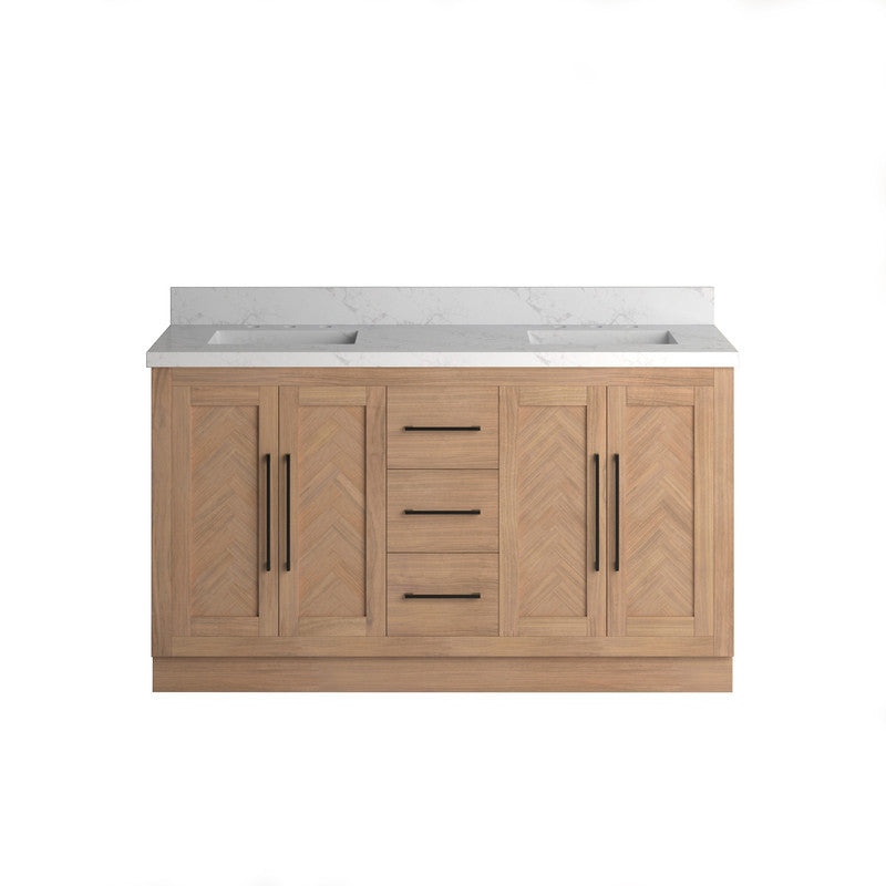 VHG WD-60060-SVSQ-LB-NM Vivian 60 in. Double Bath Vanity in Light Oak with Statuario Venato Marble Quartz Top and Square Sinks
