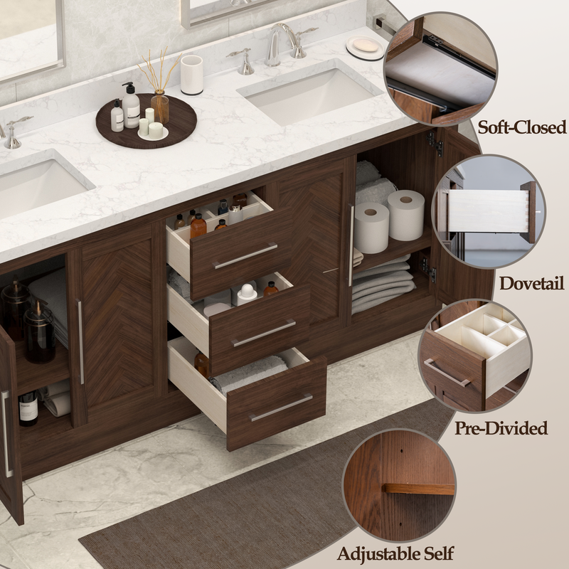 VHG WD-60072-SVSQ-DB-NM Vivian 72 in. Double Bath Vanity in Dark Oak with Statuario Venato Marble Quartz Top and Square Sinks