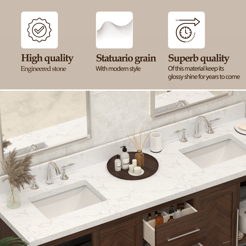 VHG WD-60072-SVSQ-DB-NM Vivian 72 in. Double Bath Vanity in Dark Oak with Statuario Venato Marble Quartz Top and Square Sinks