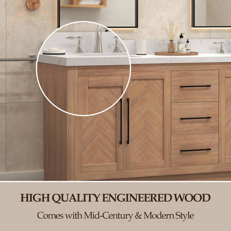 VHG WD-60072-SVSQ-LB-NM Vivian 72 in. Double Bath Vanity in Light Oak with Statuario Venato Marble Quartz Top and Square Sinks