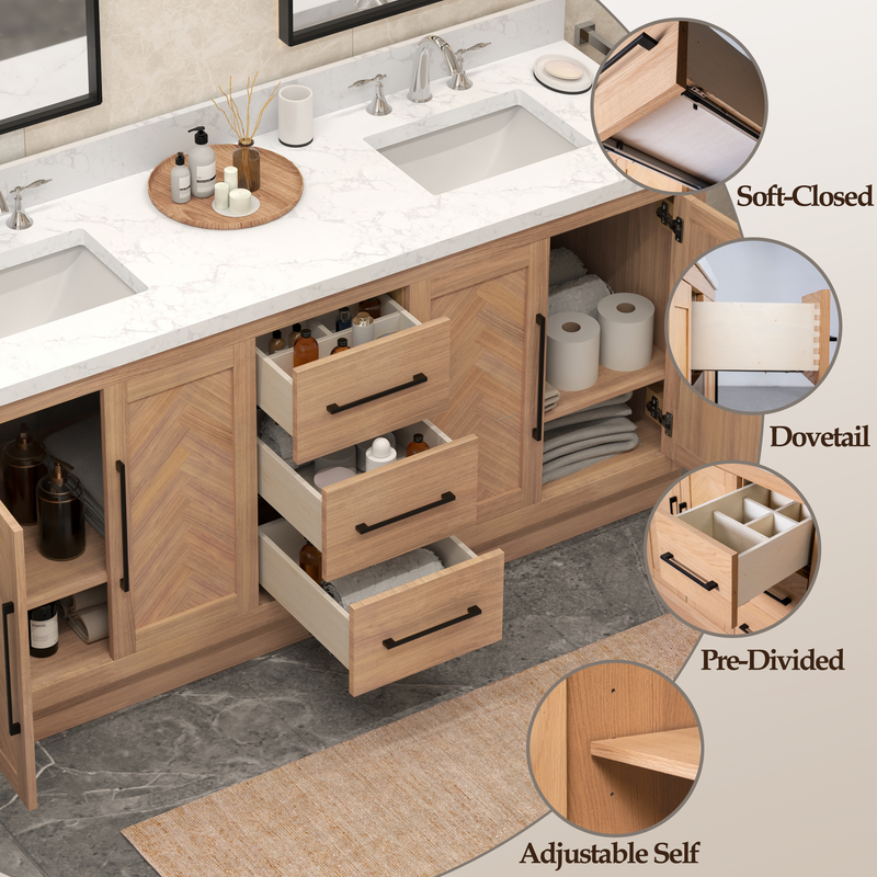 VHG WD-60072-SVSQ-LB-NM Vivian 72 in. Double Bath Vanity in Light Oak with Statuario Venato Marble Quartz Top and Square Sinks