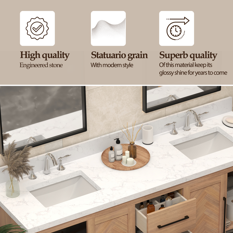 VHG WD-60072-SVSQ-LB-NM Vivian 72 in. Double Bath Vanity in Light Oak with Statuario Venato Marble Quartz Top and Square Sinks