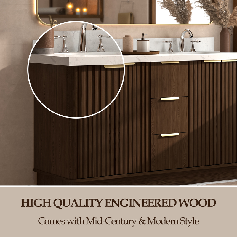 VHG WD-60160-SVSQ-DB-NM Kathryn 60 in. Double Bath Vanity in Dark Oak with Statuario Venato Marble Quartz Top and Square Sinks