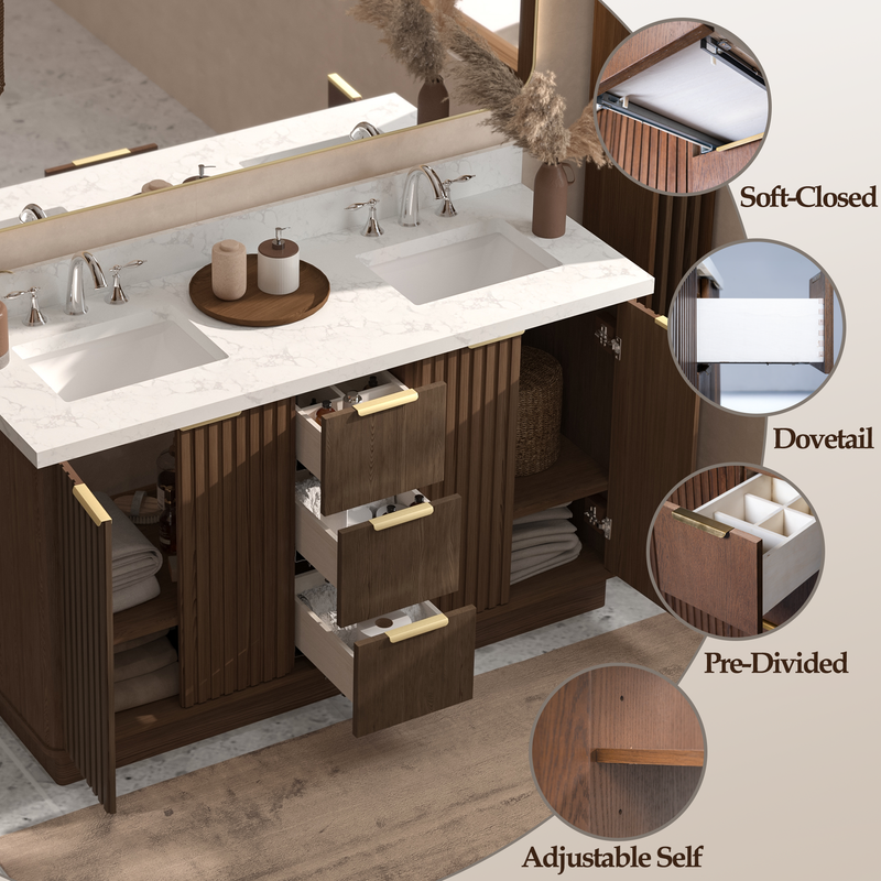 VHG WD-60160-SVSQ-DB-NM Kathryn 60 in. Double Bath Vanity in Dark Oak with Statuario Venato Marble Quartz Top and Square Sinks