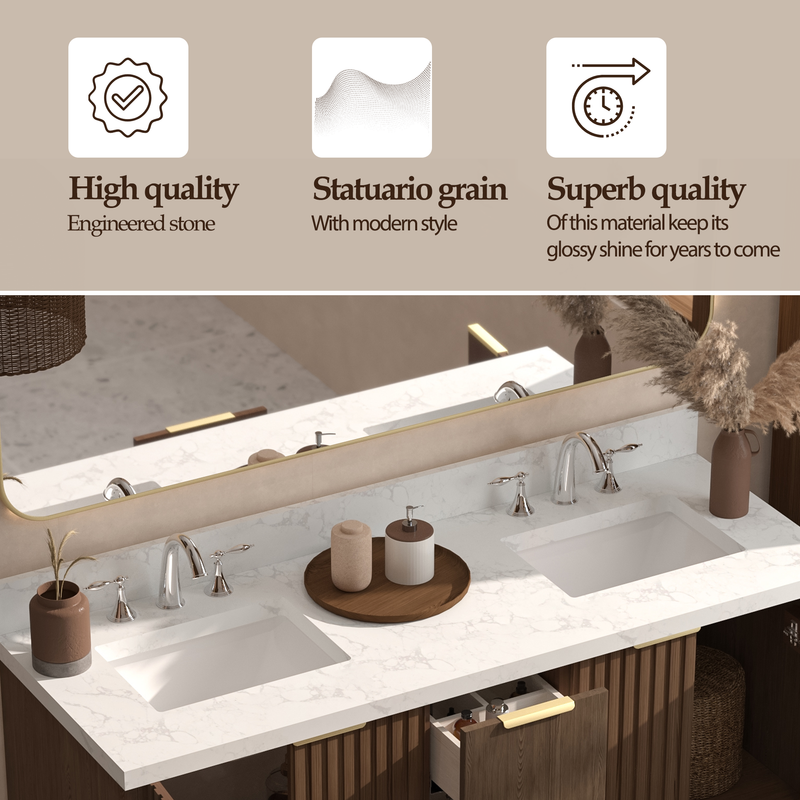 VHG WD-60160-SVSQ-DB-NM Kathryn 60 in. Double Bath Vanity in Dark Oak with Statuario Venato Marble Quartz Top and Square Sinks