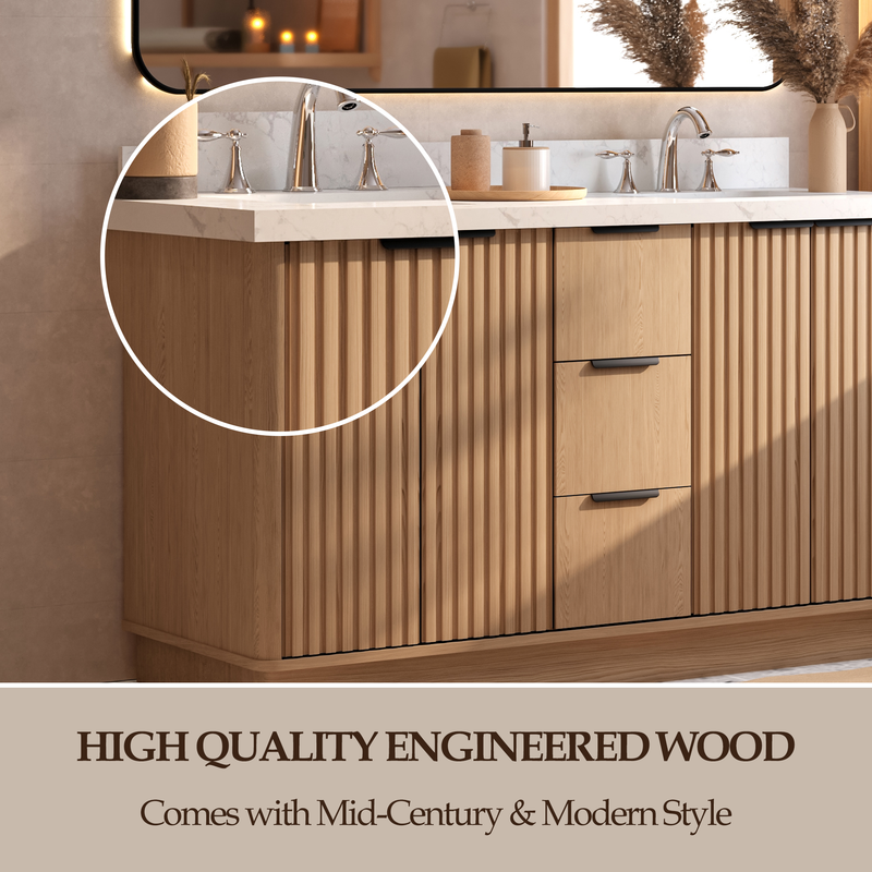 VHG WD-60160-SVSQ-LB-NM Kathryn 60 in. Double Bath Vanity in Light Oak with Statuario Venato Marble Quartz Top and Square Sinks