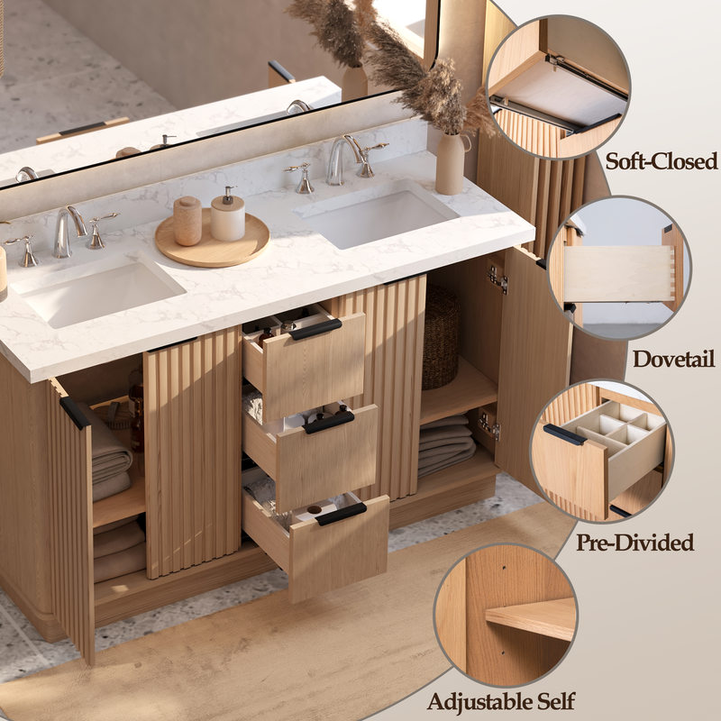 VHG WD-60160-SVSQ-LB-NM Kathryn 60 in. Double Bath Vanity in Light Oak with Statuario Venato Marble Quartz Top and Square Sinks