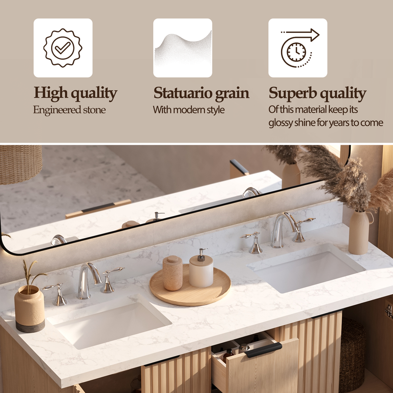 VHG WD-60160-SVSQ-LB-NM Kathryn 60 in. Double Bath Vanity in Light Oak with Statuario Venato Marble Quartz Top and Square Sinks