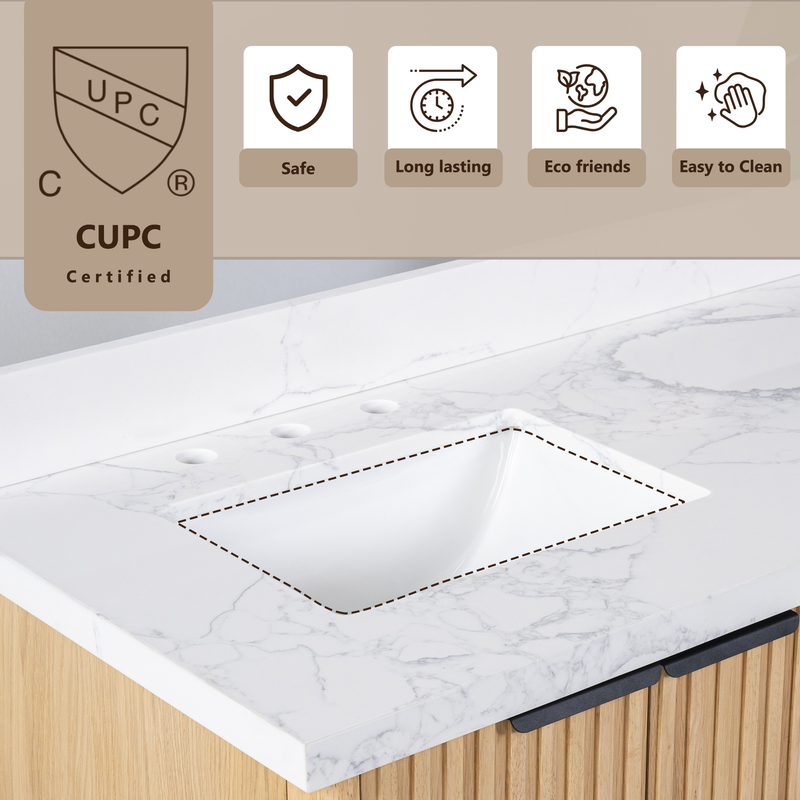 VHG WD-60160-SVSQ-LB-NM Kathryn 60 in. Double Bath Vanity in Light Oak with Statuario Venato Marble Quartz Top and Square Sinks