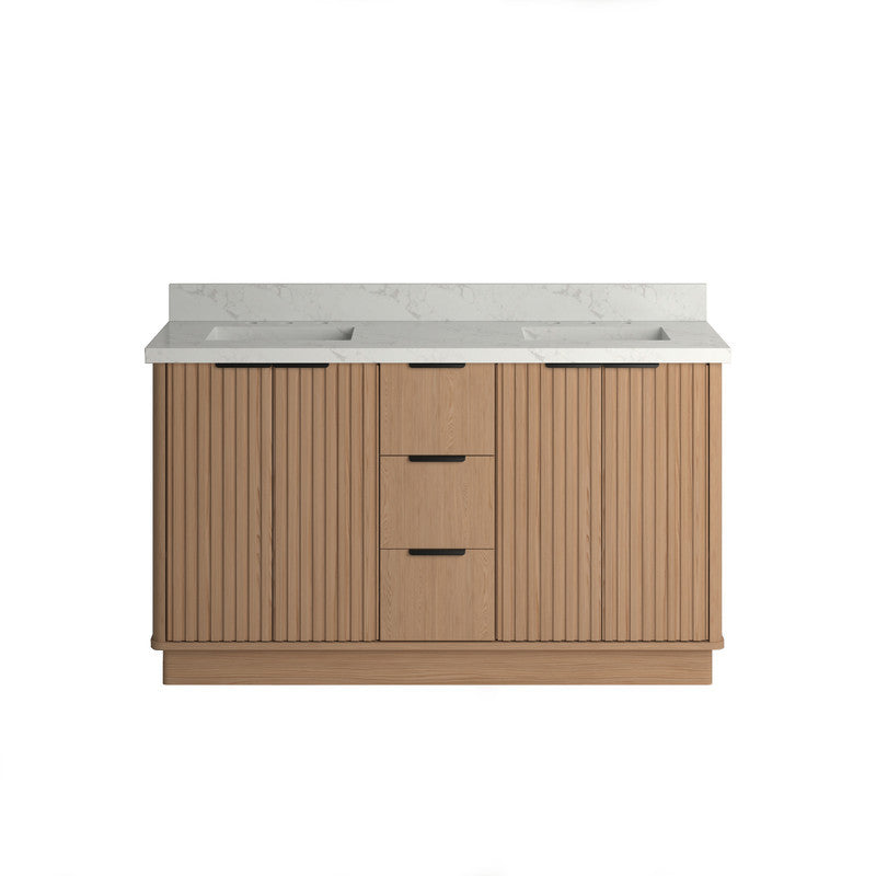 VHG WD-60160-SVSQ-LB-NM Kathryn 60 in. Double Bath Vanity in Light Oak with Statuario Venato Marble Quartz Top and Square Sinks