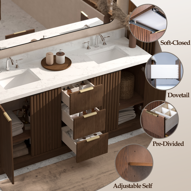 VHG WD-60172-SVSQ-DB-NM Kathryn 72 in. Double Bath Vanity in Dark Oak with Statuario Venato Marble Quartz Top and Square Sinks
