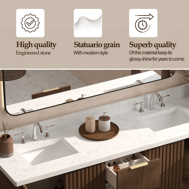 VHG WD-60172-SVSQ-DB-NM Kathryn 72 in. Double Bath Vanity in Dark Oak with Statuario Venato Marble Quartz Top and Square Sinks