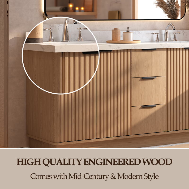 VHG WD-60172-SVSQ-LB-NM Kathryn 72 in. Double Bath Vanity in Light Oak with Statuario Venato Marble Quartz Top and Square Sinks