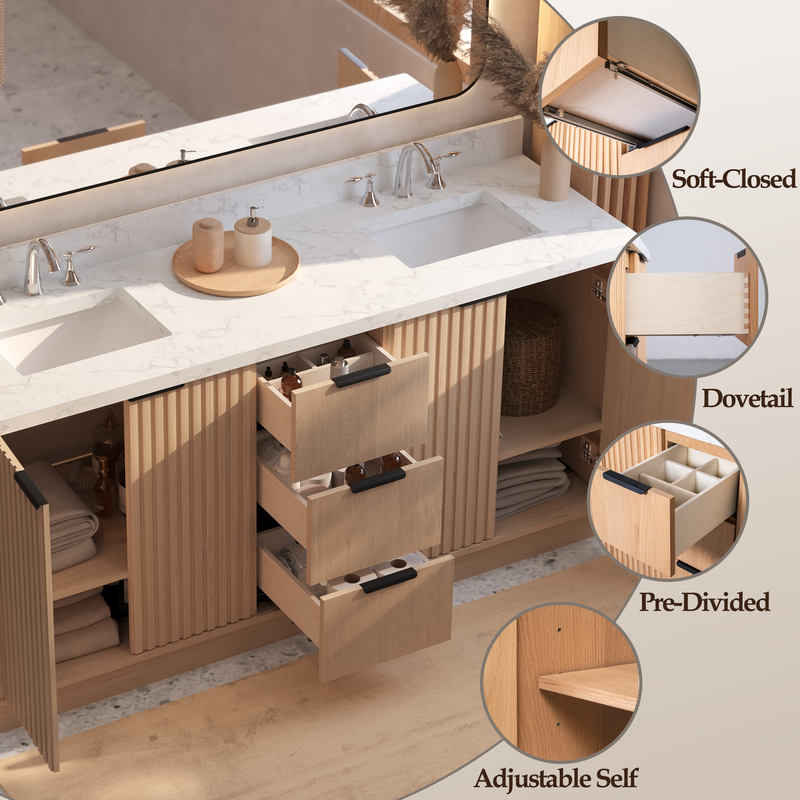 VHG WD-60172-SVSQ-LB-NM Kathryn 72 in. Double Bath Vanity in Light Oak with Statuario Venato Marble Quartz Top and Square Sinks