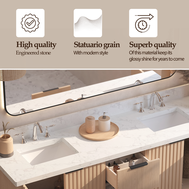 VHG WD-60172-SVSQ-LB-NM Kathryn 72 in. Double Bath Vanity in Light Oak with Statuario Venato Marble Quartz Top and Square Sinks