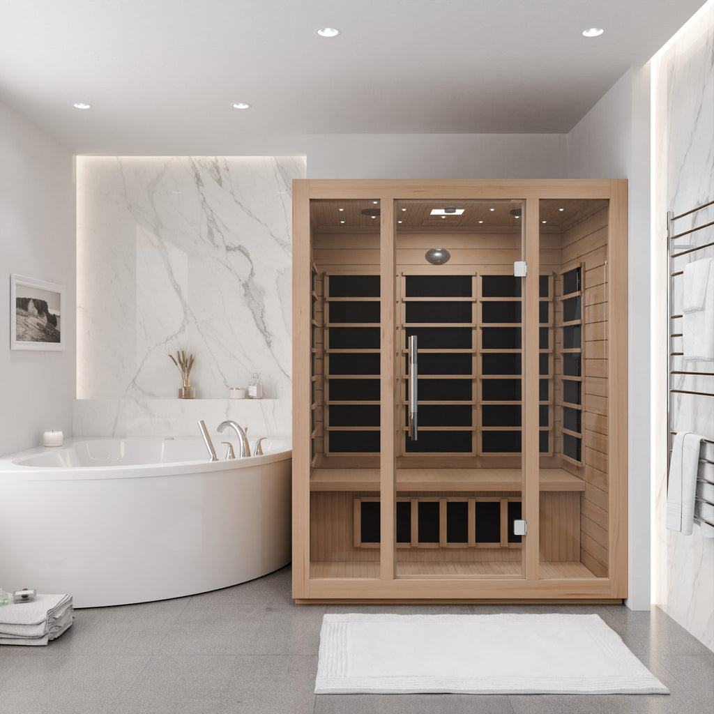 SteamSpa Maldives 3-Person Carbon FAR Infrared Hemlock Wooden Indoor Home Sauna Room with LED Touch Control Panel