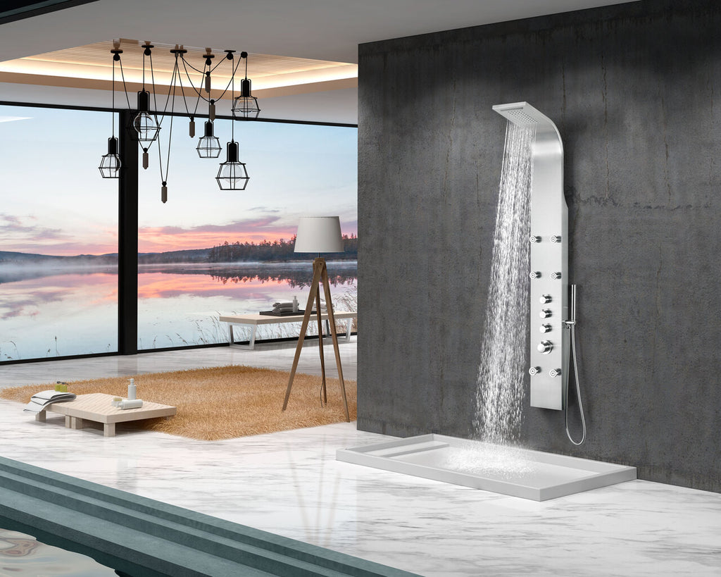 ANZZI Fontan 64 in. 6-Jetted Full Body Shower Panel with Heavy Rain Shower and Spray Wand in Brushed Steel SP-AZ026