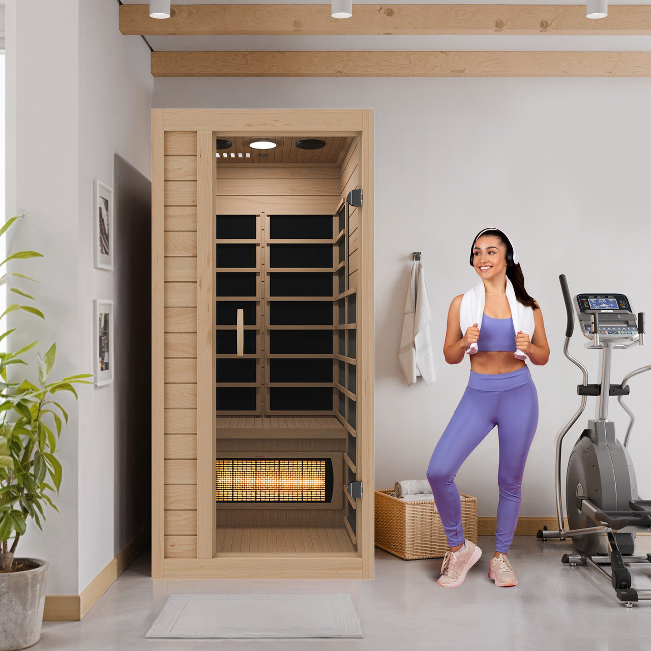 SteamSpa Lucia 1-Person Carbon FAR Infrared Hemlock Wooden Indoor Home Sauna Room with LED Touch Control Panel