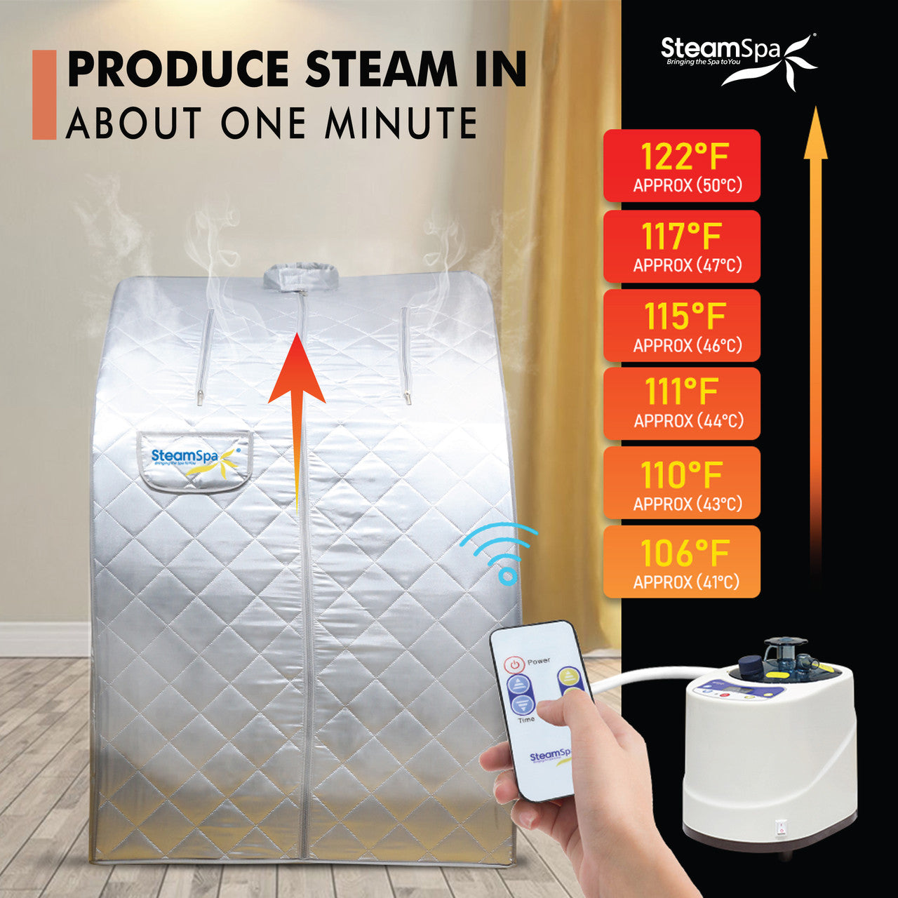 SteamSpa Portable 1-Person 2-Liter Steam Generator Indoor Home Sauna with Digital Controller, Folding Chair and Foot Massager in Silver Finish