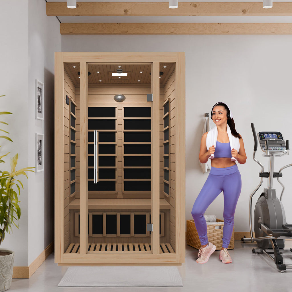 SteamSpa Maldives 2-Person Low EMF Carbon FAR Infrared Hemlock Wooden Indoor Home Sauna Room with LED Touch Control Panel