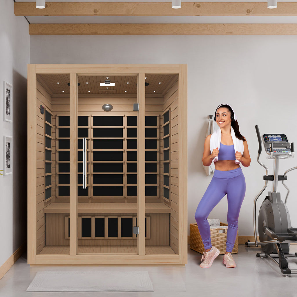 SteamSpa Maldives 3-Person Carbon FAR Infrared Hemlock Wooden Indoor Home Sauna Room with LED Touch Control Panel