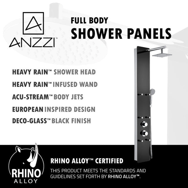 ANZZI Melody 59 in. 6-Jetted Shower Panel with Heavy Rain Shower and Spray Wand in Black Deco-Glass SP-AZ018