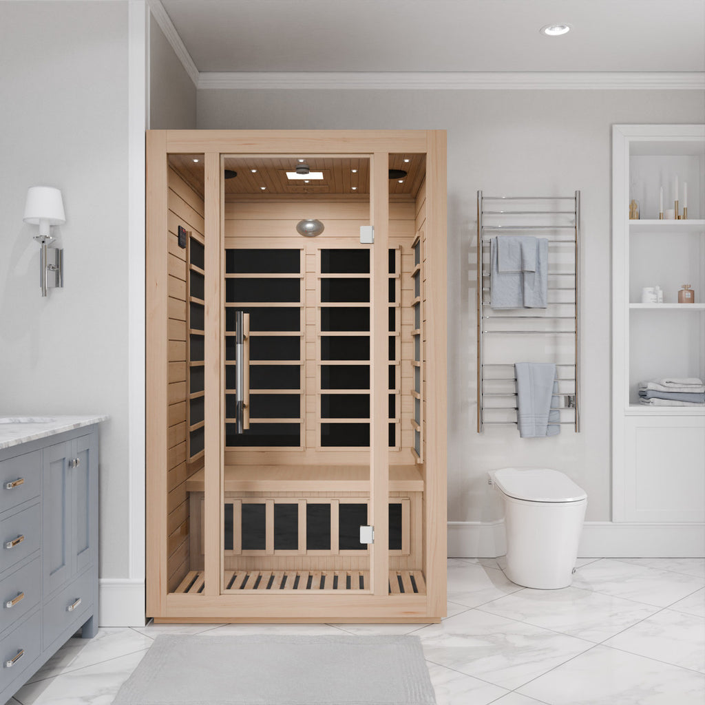 SteamSpa Maldives 2-Person Low EMF Carbon FAR Infrared Hemlock Wooden Indoor Home Sauna Room with LED Touch Control Panel