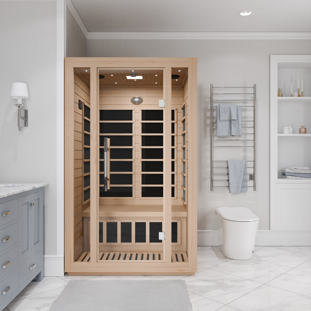 SteamSpa Maldives 2-Person Low EMF Carbon FAR Infrared Hemlock Wooden Indoor Home Sauna Room with LED Touch Control Panel
