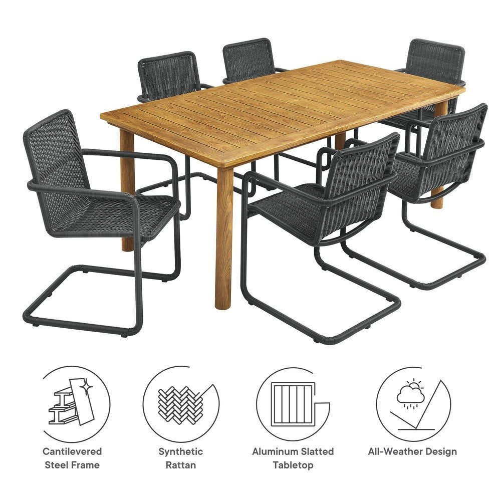 EEI-7073 Abacus 7-Piece Rectangular Outdoor Patio Aluminum Dining Table Set with Rattan Armchairs by Modway