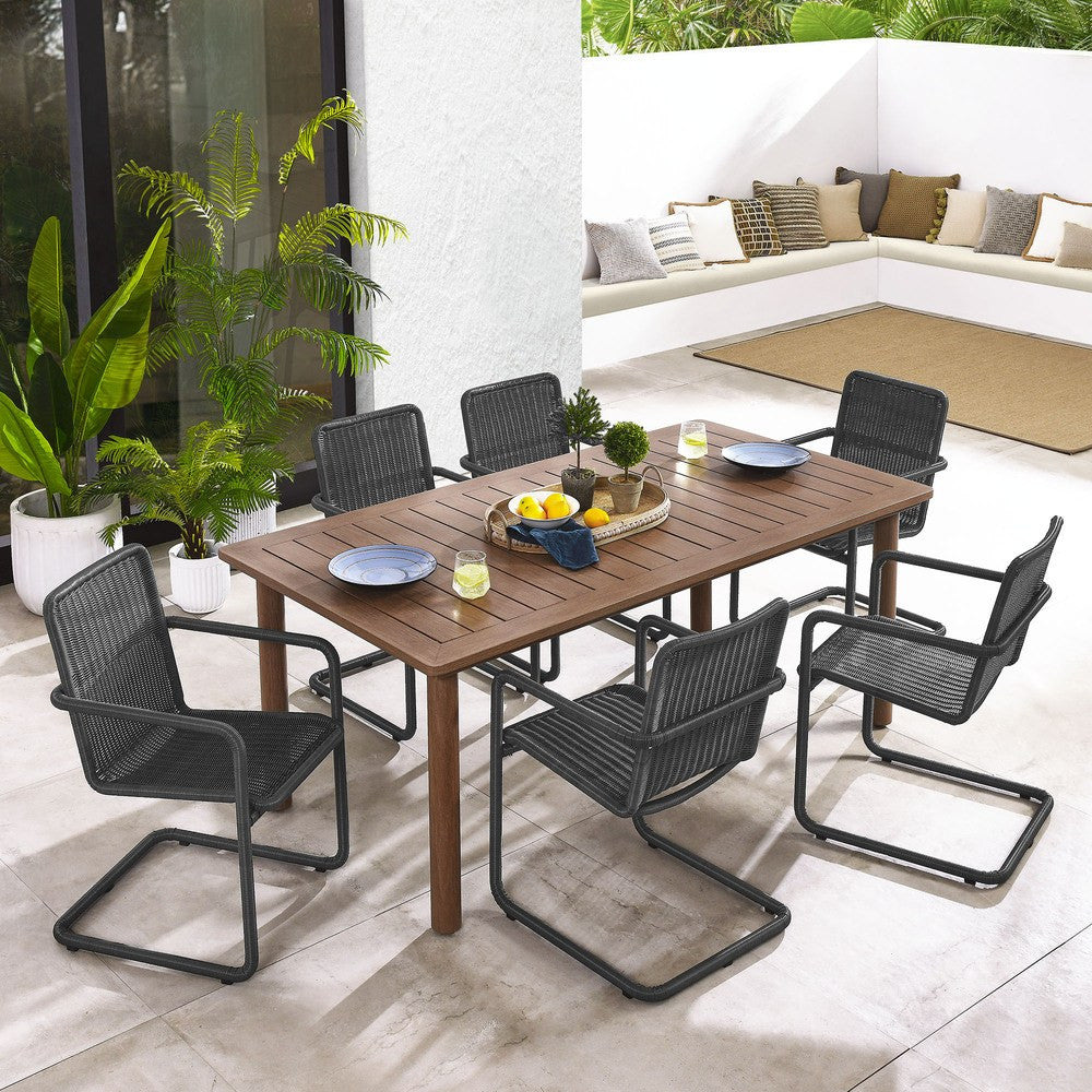 EEI-7073 Abacus 7-Piece Rectangular Outdoor Patio Aluminum Dining Table Set with Rattan Armchairs by Modway
