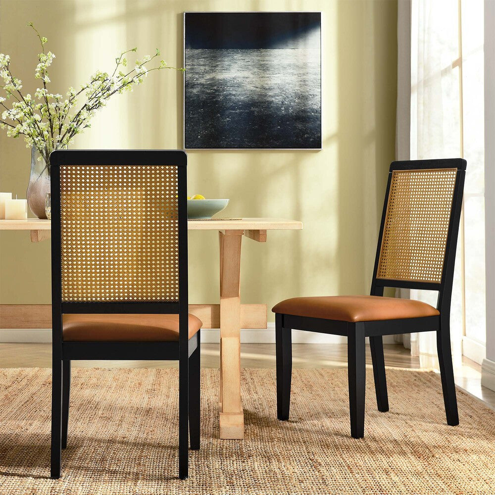 EEI-6802 Arlo Vegan Leather Upholstered Faux Rattan and Wood Dining Side Chairs Set of 2 by Modway