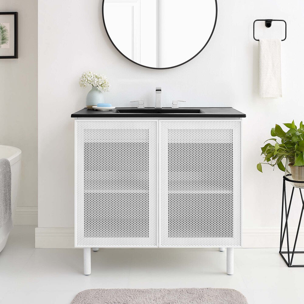 EEI-6680-BLK-WHI Calla 36" Perforated Metal Bathroom Vanity by Modway