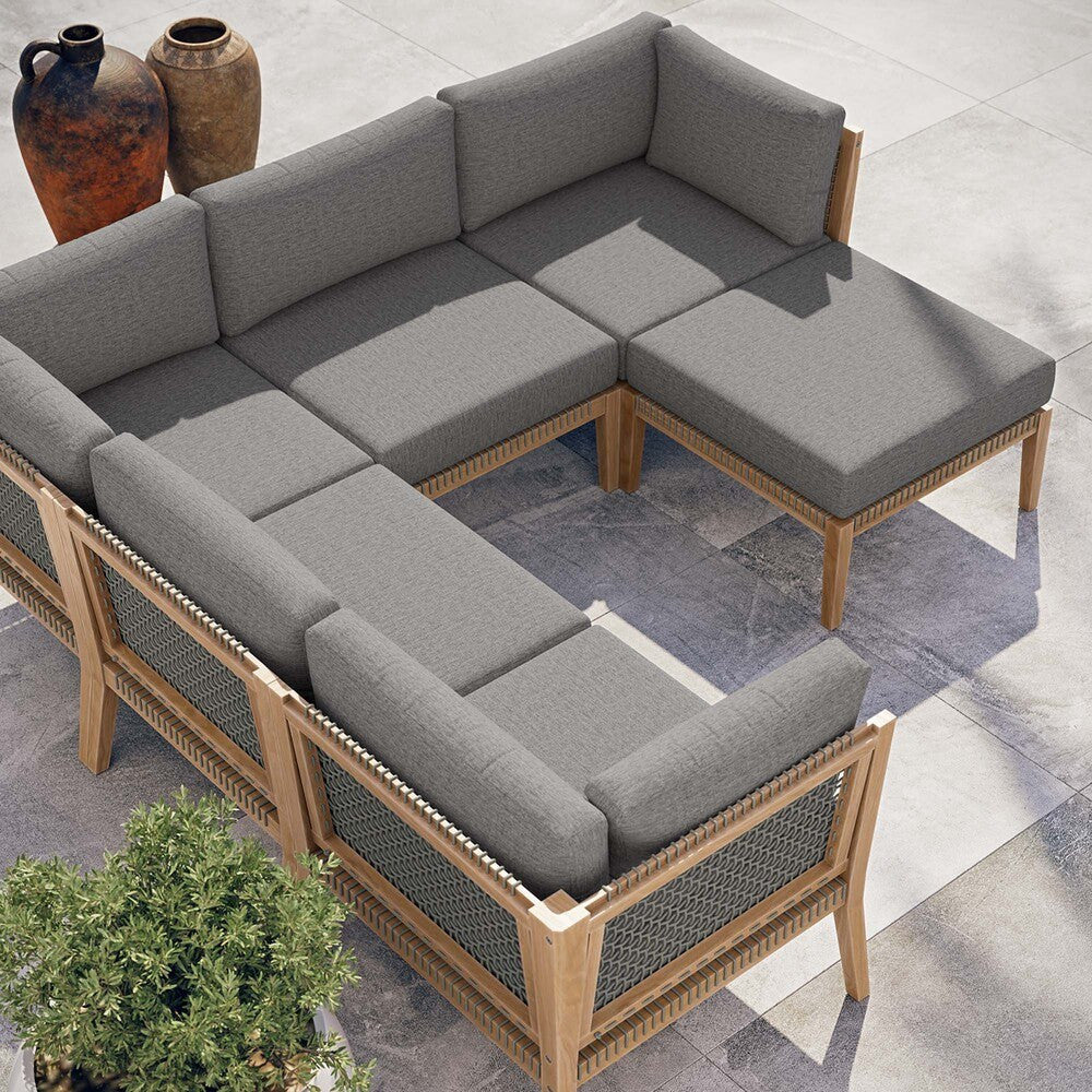 EEI-6124 Clearwater 6-Piece Outdoor Patio Teak Wood Sectional Sofa by Modway