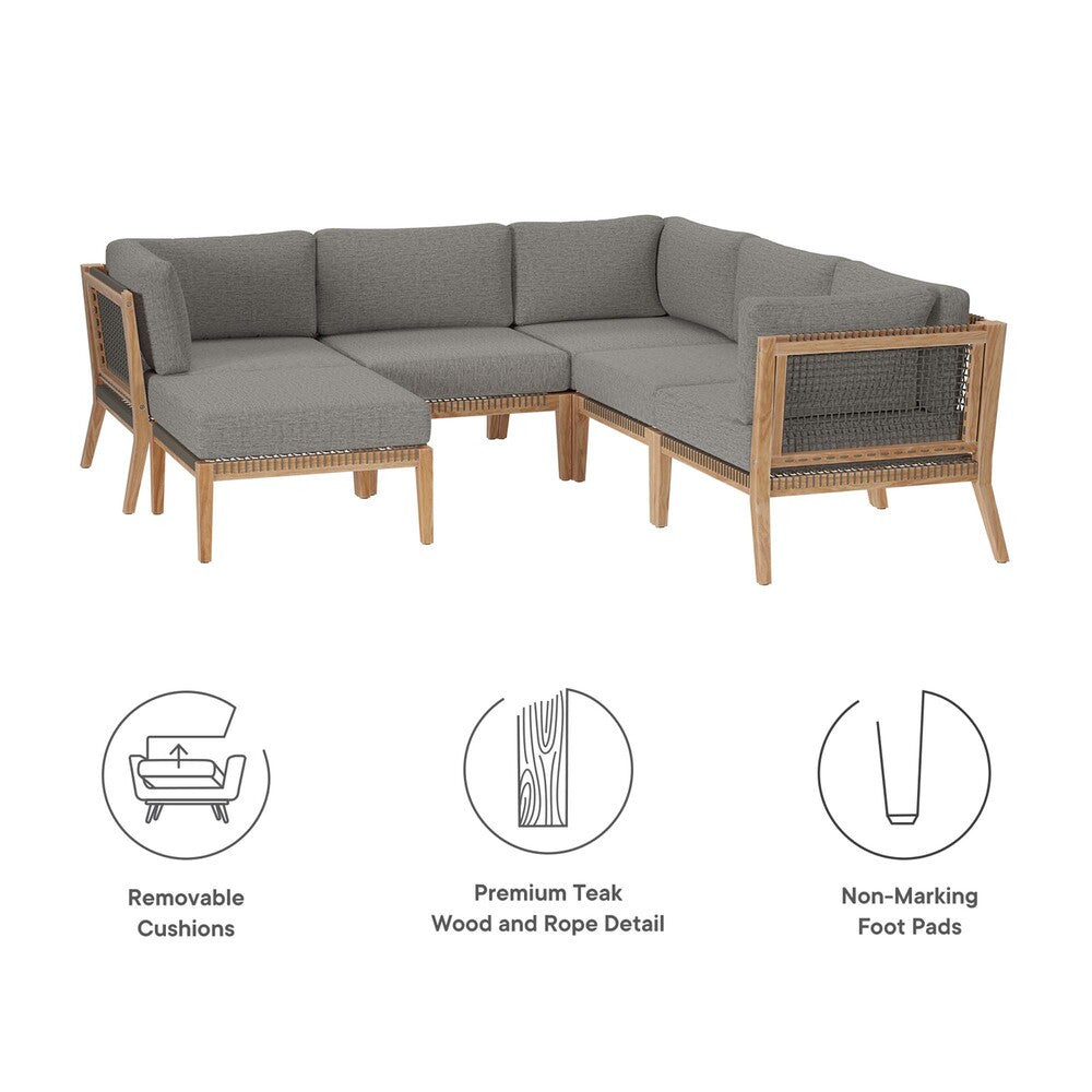 EEI-6124 Clearwater 6-Piece Outdoor Patio Teak Wood Sectional Sofa by Modway